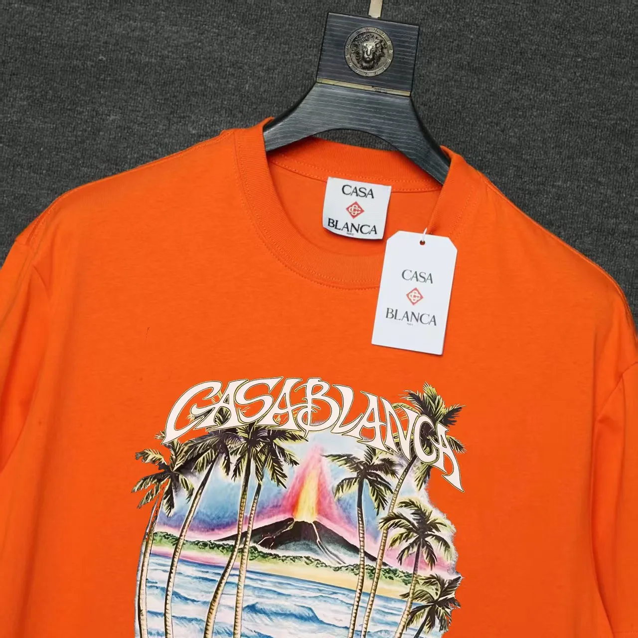 26ss CASABLANCA original printing process short-sleeved T-shirt original development using high-density double yarn pure cotton fabric upper body soft and comfortable color Black White Dark Green color Orange Pink Blue Royal Blue color cigarette powder 8 colors Sizes S M L XL